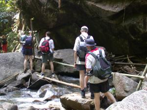 Tour group trekking in the mountains of